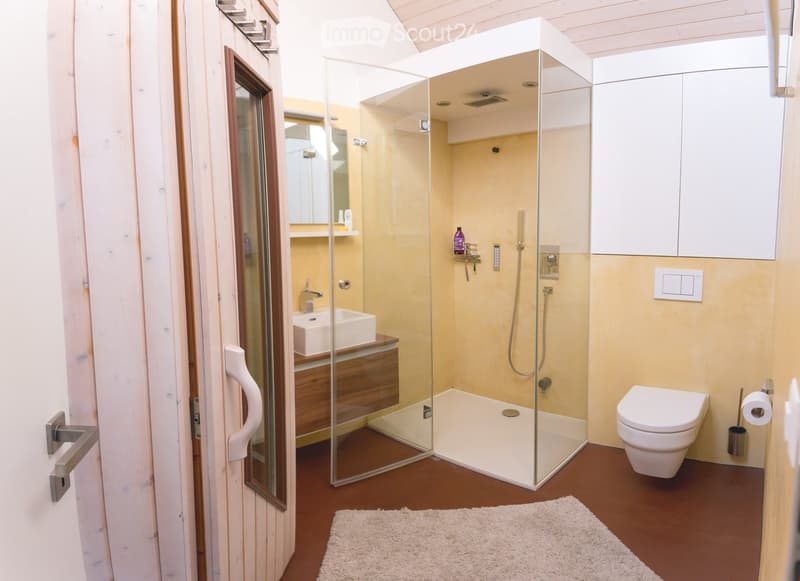 Modern bathroom with a glass-enclosed shower, a white sink on a wooden vanity, a toilet, and a small rug on the floor.