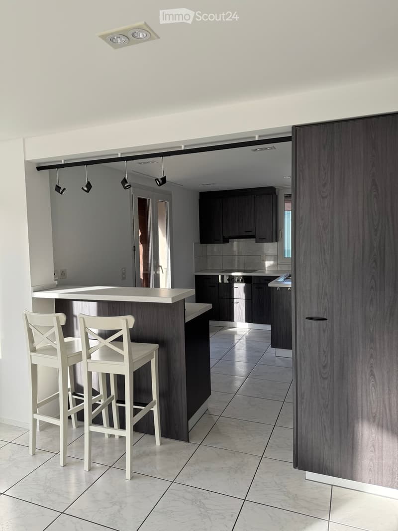 Modern kitchen with a central island, bar stools, dark wood cabinets, and stainless steel appliances.