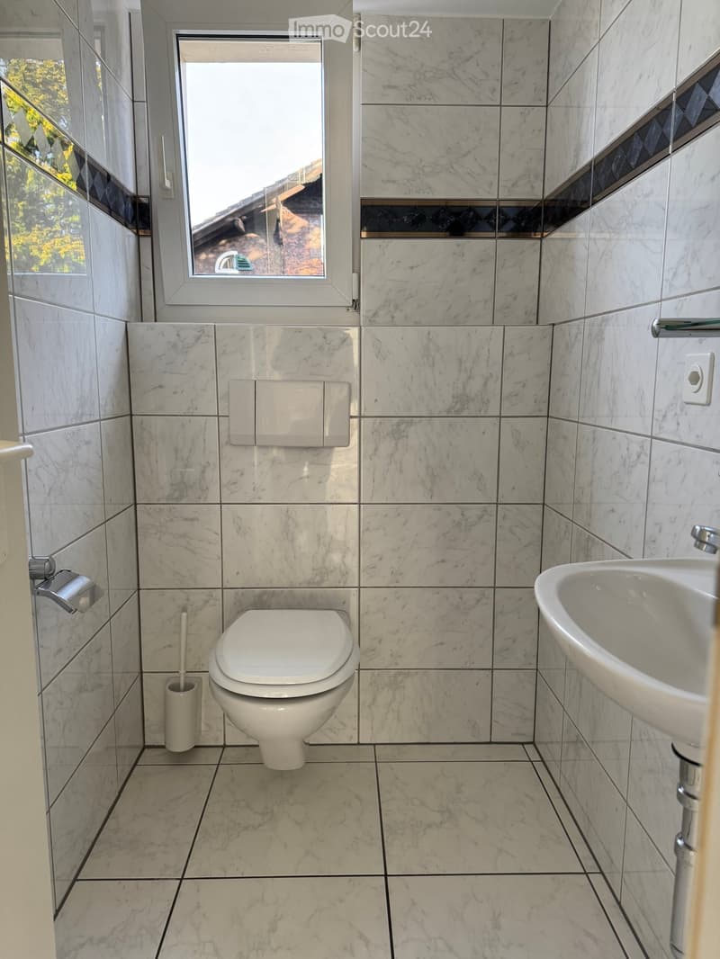 Modern bathroom with marble tiles, a toilet, a sink, and a toilet paper holder. A window offers a view of the outside.