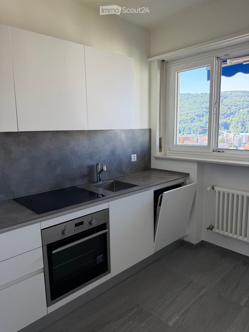 Modern kitchen with white cabinets, dark countertops, built-in oven, sink, and radiator. Large window offers a scenic view.
