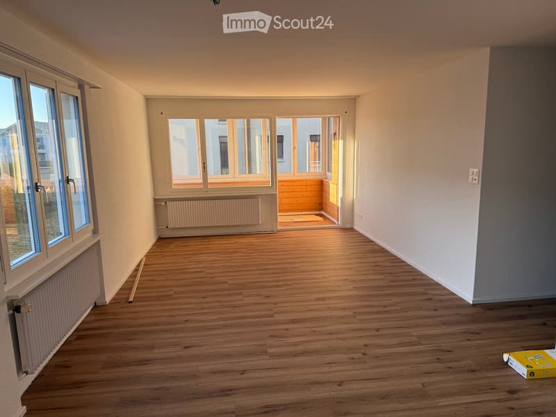 Empty room with wooden flooring, large windows, and a radiator. A small box is visible in the corner.