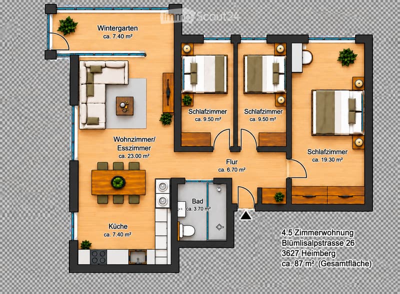 Floor plan of a 4.5-room apartment with a living/dining area, kitchen, three bedrooms, a bathroom, and a winter garden.
