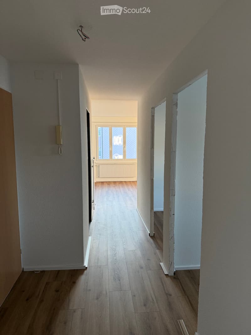 Empty hallway with wooden flooring, white walls, and a window at the end.
