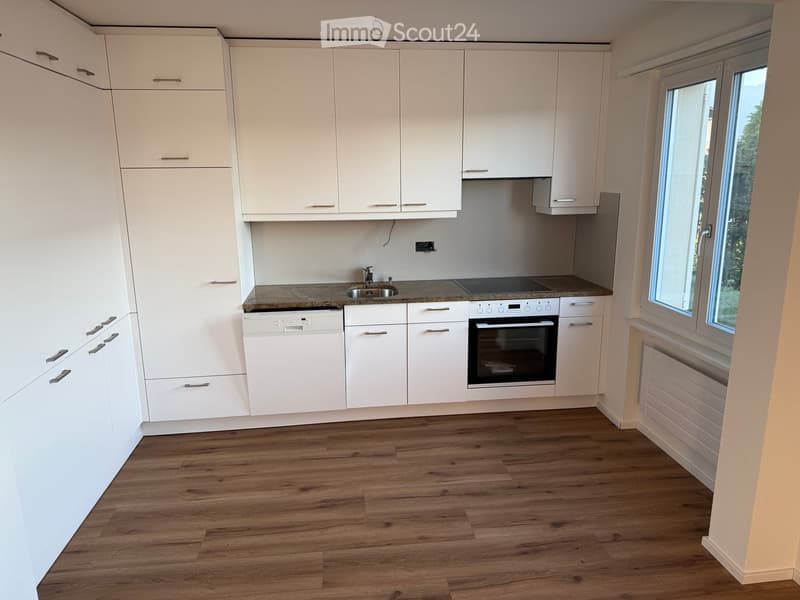Modern kitchen with white cabinets, wooden flooring, and built-in appliances including a dishwasher and oven.