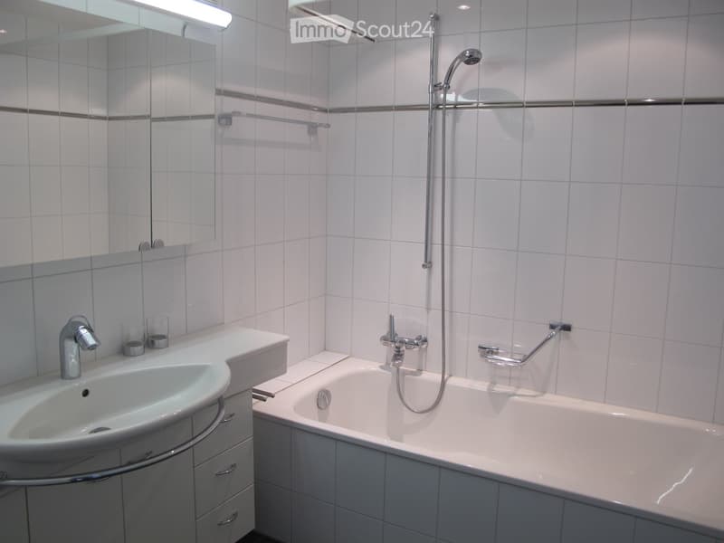 Modern bathroom with white tiled walls, a sink with a chrome faucet, a bathtub with a handheld shower, and a mirrored cabinet above the sink.
