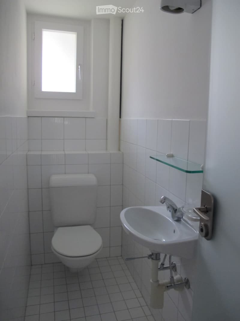 Small bathroom with white tiled walls and floor, featuring a toilet, sink with a faucet, and a glass shelf above the sink.