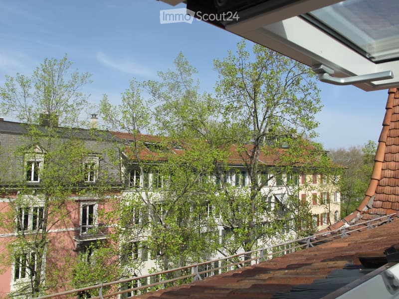 View from a rooftop showing multiple residential buildings with red-tiled roofs, windows, and chimneys, surrounded by lush green trees.