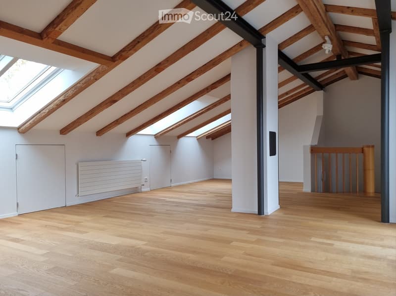 Bright, empty attic space with wooden beams, skylights, and wooden flooring. Features include white walls, a radiator, and a staircase leading to another level.