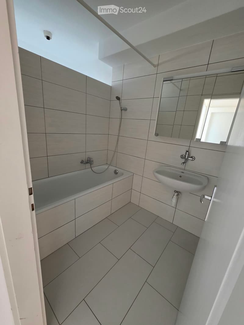 Modern bathroom with grey tiles, a bathtub, a sink, a mirror, and a showerhead.