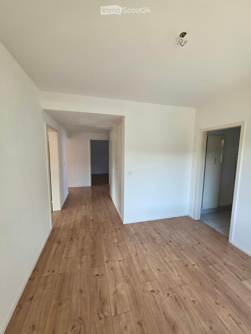 Empty hallway with light wooden flooring and white walls, featuring several doors leading to other rooms.