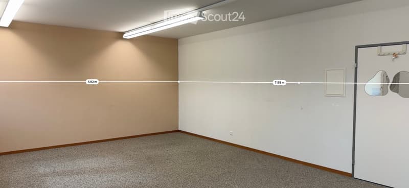 Empty room with beige walls, carpeted floor, and a single door. No furniture or equipment present.