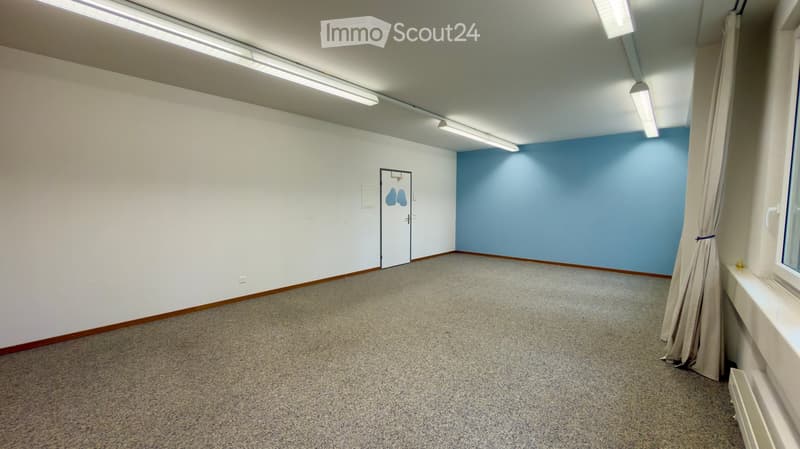 Empty room with white and blue walls, carpeted floor, a single door, and a window with curtains.