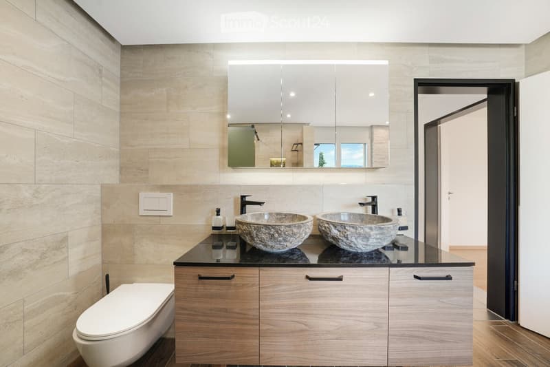 Modern bathroom with a double sink vanity, stone sink bowls, sleek wooden cabinets, and a large mirrored cabinet above the sinks.