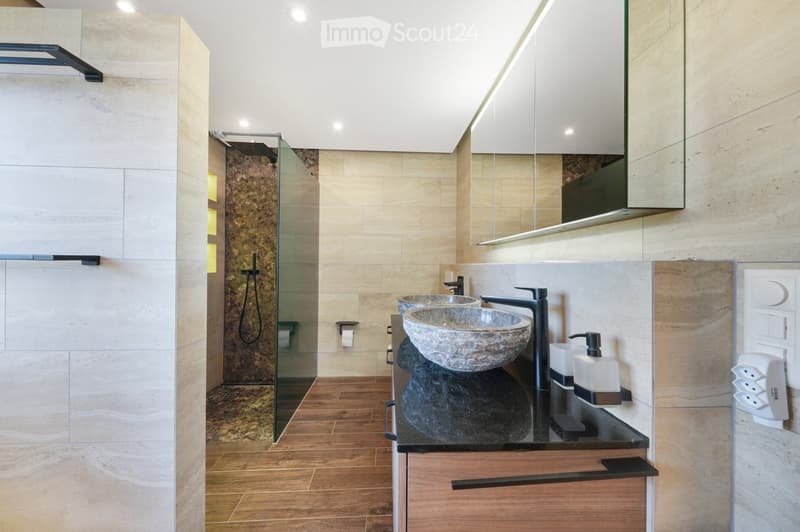 Modern bathroom with a double sink, stone sink bowls, sleek black faucets, a large mirror, and a glass-enclosed shower area.