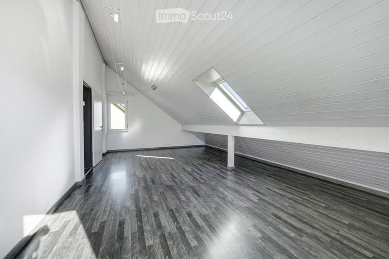 Completely empty room with white walls, wooden floor, and skylight windows.