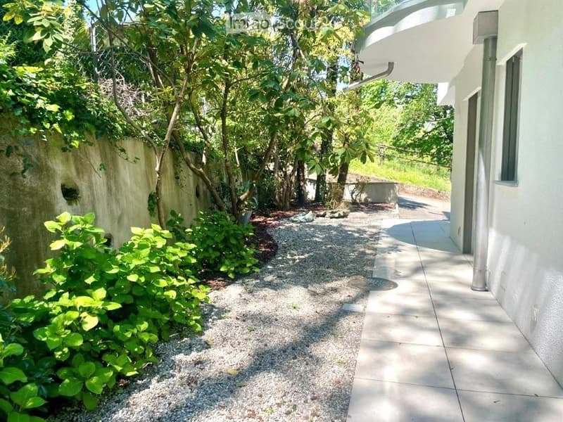 A well-maintained garden area with a gravel pathway, small trees, shrubs, and a modern house with a white exterior and large windows.