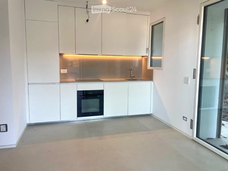 Modern, minimalist kitchen with white cabinets, a stainless steel sink, and a built-in oven. The space features sleek, contemporary design with integrated lighting and a large window providing natural light.