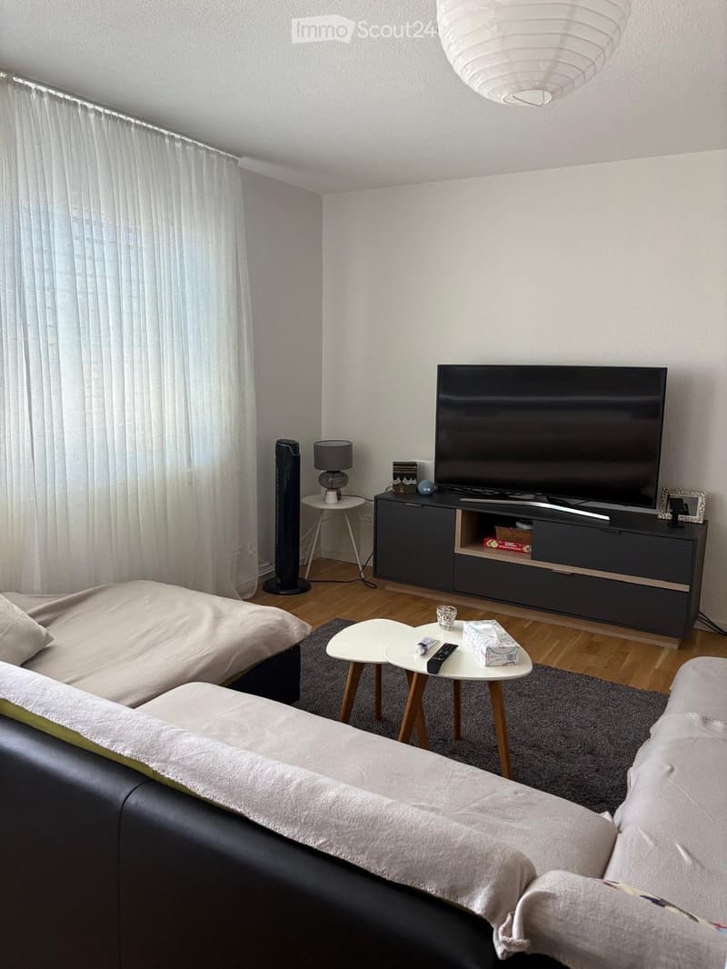 Modern living room with a grey sofa, coffee table, TV stand, table lamp, side table, and a fan. The room features wooden flooring, white walls, and large windows with curtains.