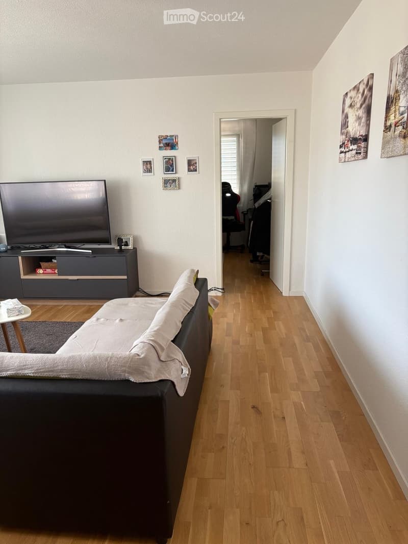 Living room with a grey sofa, a small table, a TV on a cabinet, and a hallway leading to another room.