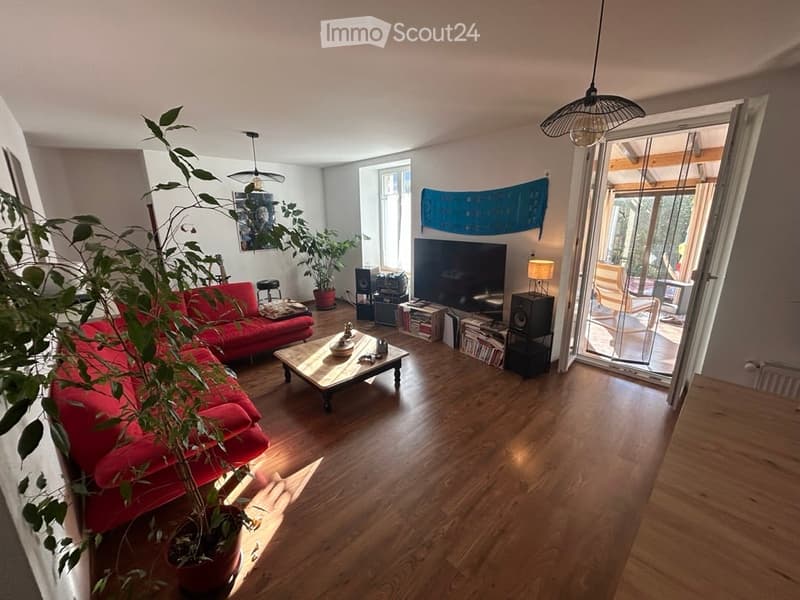 Bright living room with wooden flooring, red sofa, coffee table, potted plants, TV, speakers, and a view to a balcony or terrace.