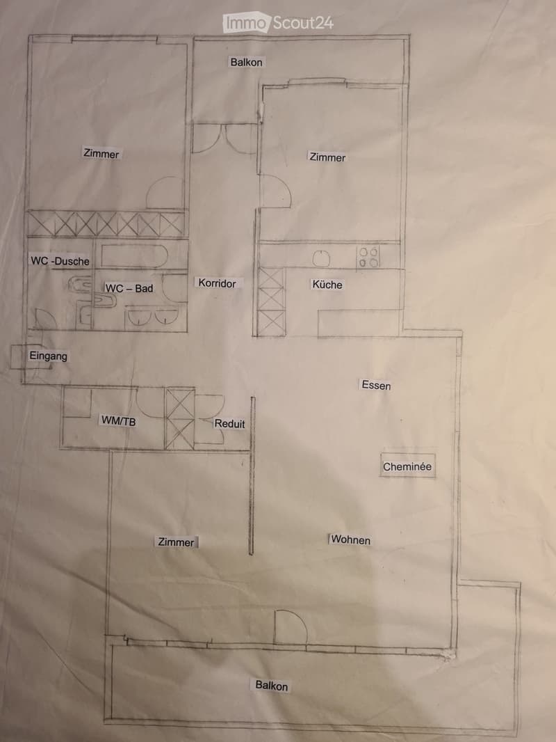 Floor plan showing multiple rooms including living area, dining area, kitchen, bedrooms, bathrooms, and balconies.