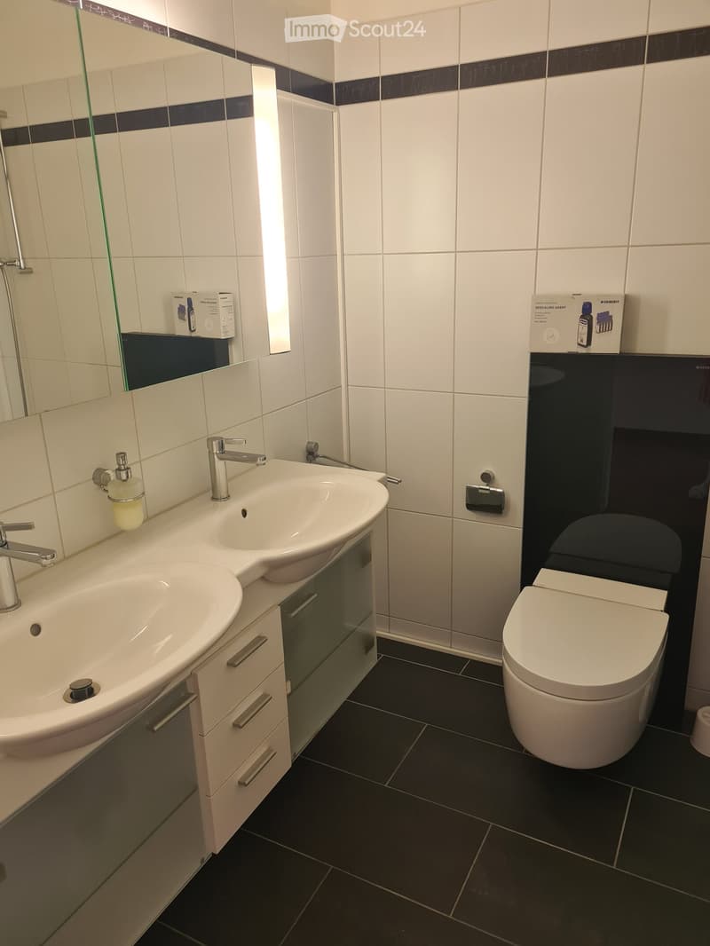 Modern bathroom with two sinks, a toilet, a large mirror, and a cabinet with drawers. The walls are tiled in white with a dark blue accent border, and the floor is dark tiled.