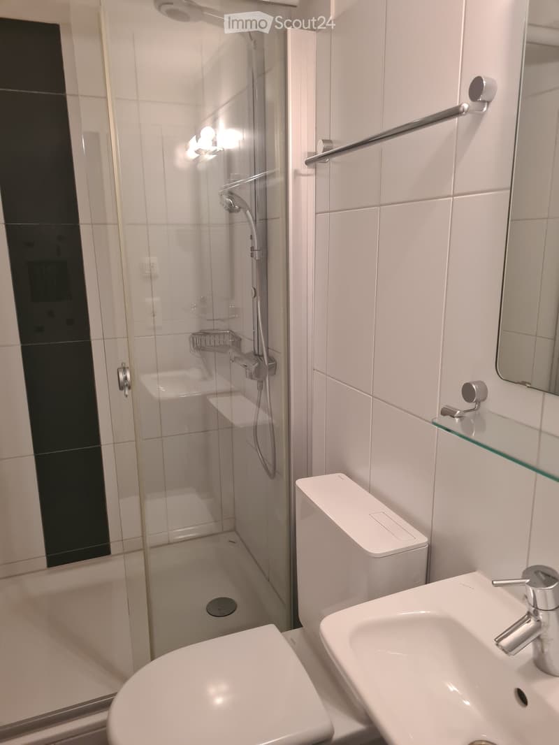 Modern bathroom with white tiles, a glass-enclosed shower, a sink with a modern faucet, a toilet, and a glass shelf above the sink.