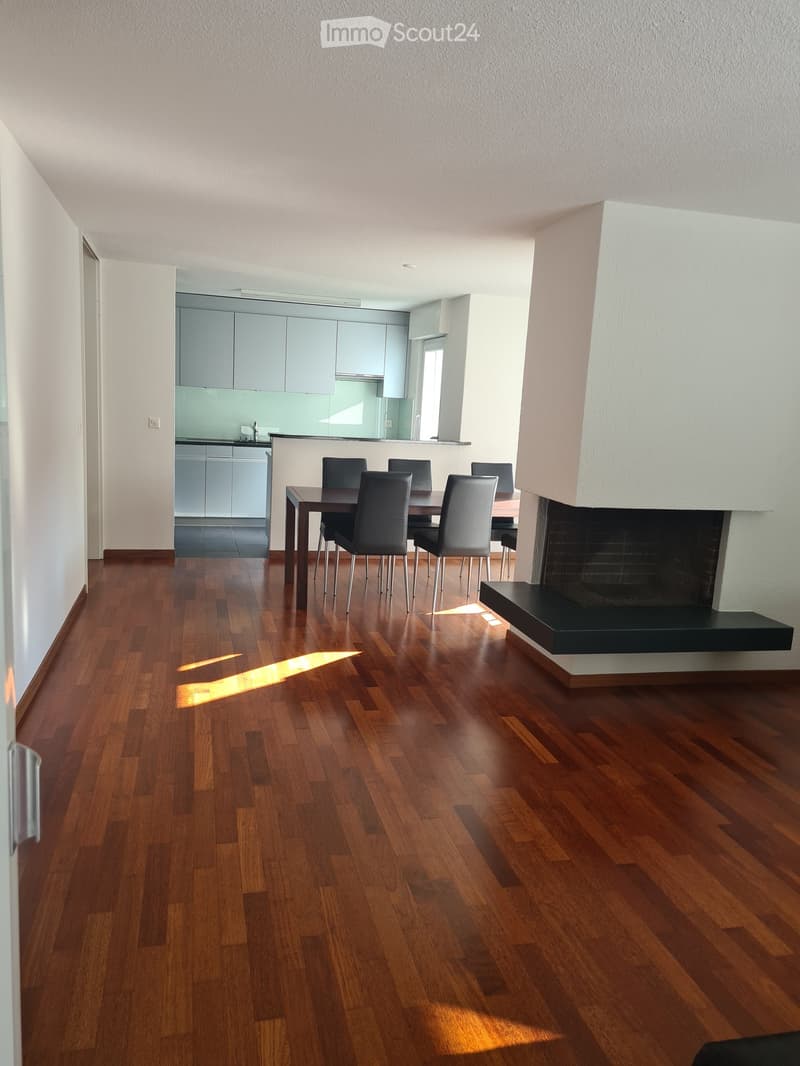 Open-plan living and dining area with wooden flooring, a fireplace, a dining table with chairs, and a modern kitchen area with cabinets and a sink.