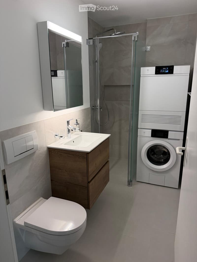 Modern bathroom with a toilet, sink with wooden cabinet, mirror, glass-enclosed shower, and a stacked washer/dryer unit.
