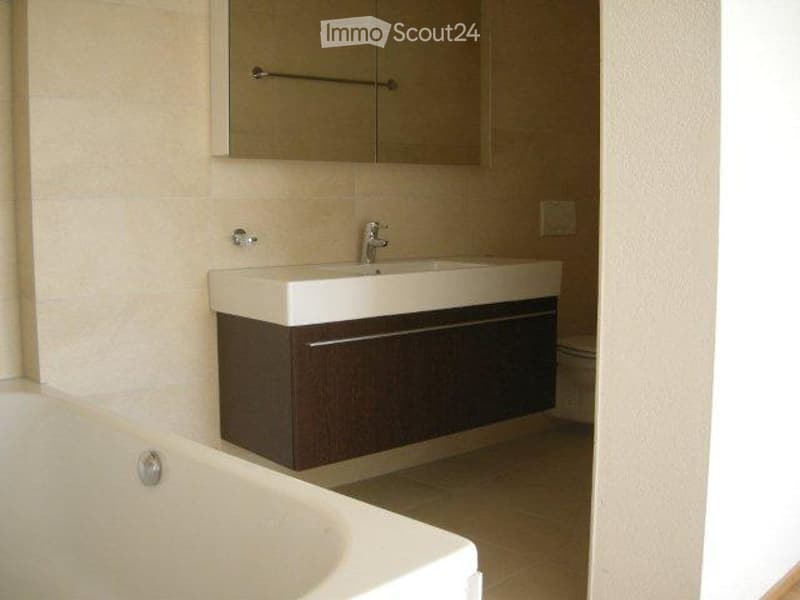 Modern bathroom with a white bathtub, a white sink with a dark wooden cabinet, and a large mirror above the sink.
