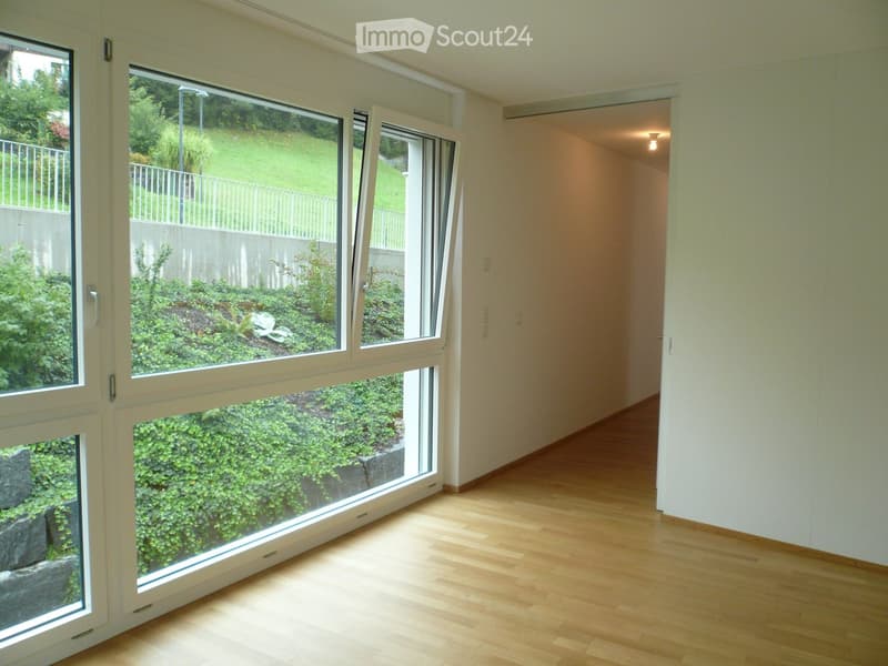Empty hallway with wooden flooring, large windows showing a garden view, and a light fixture on the wall.