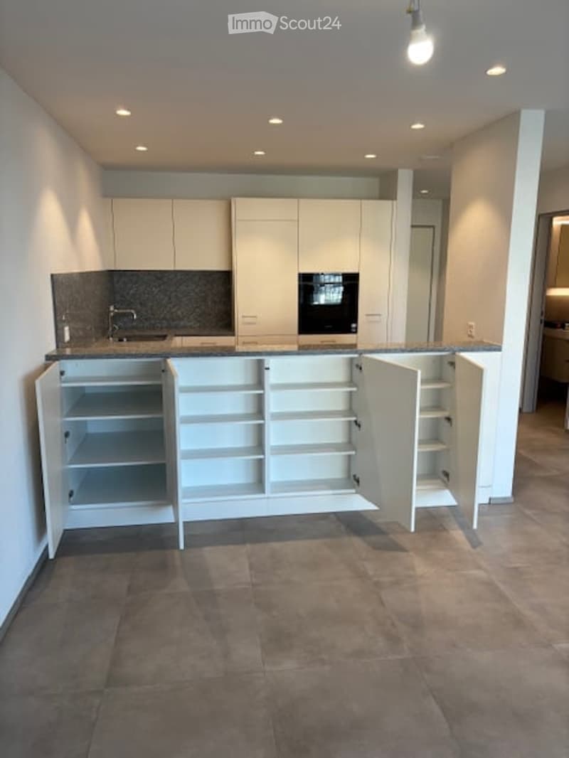 Modern kitchen with white cabinets, a central island, and a dark countertop. The island features open shelving and a sink, while the back wall includes an oven and additional cabinets.