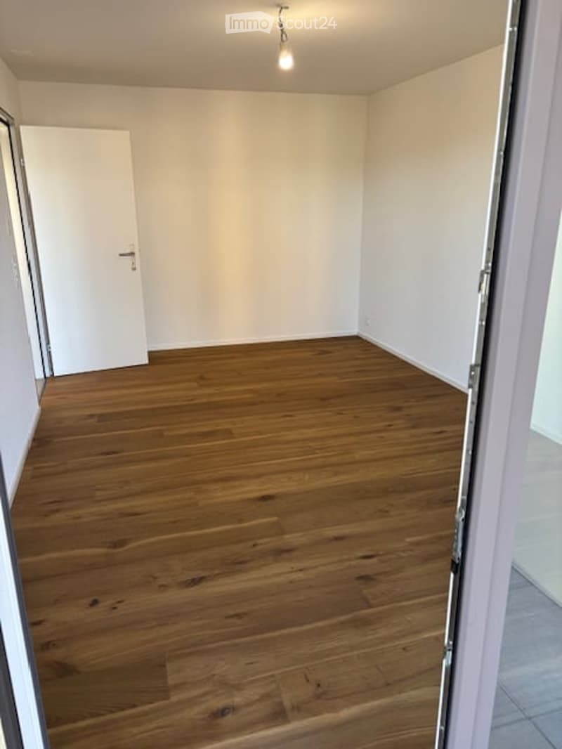 Empty room with wooden flooring and white walls, featuring a single door and a light fixture on the ceiling.