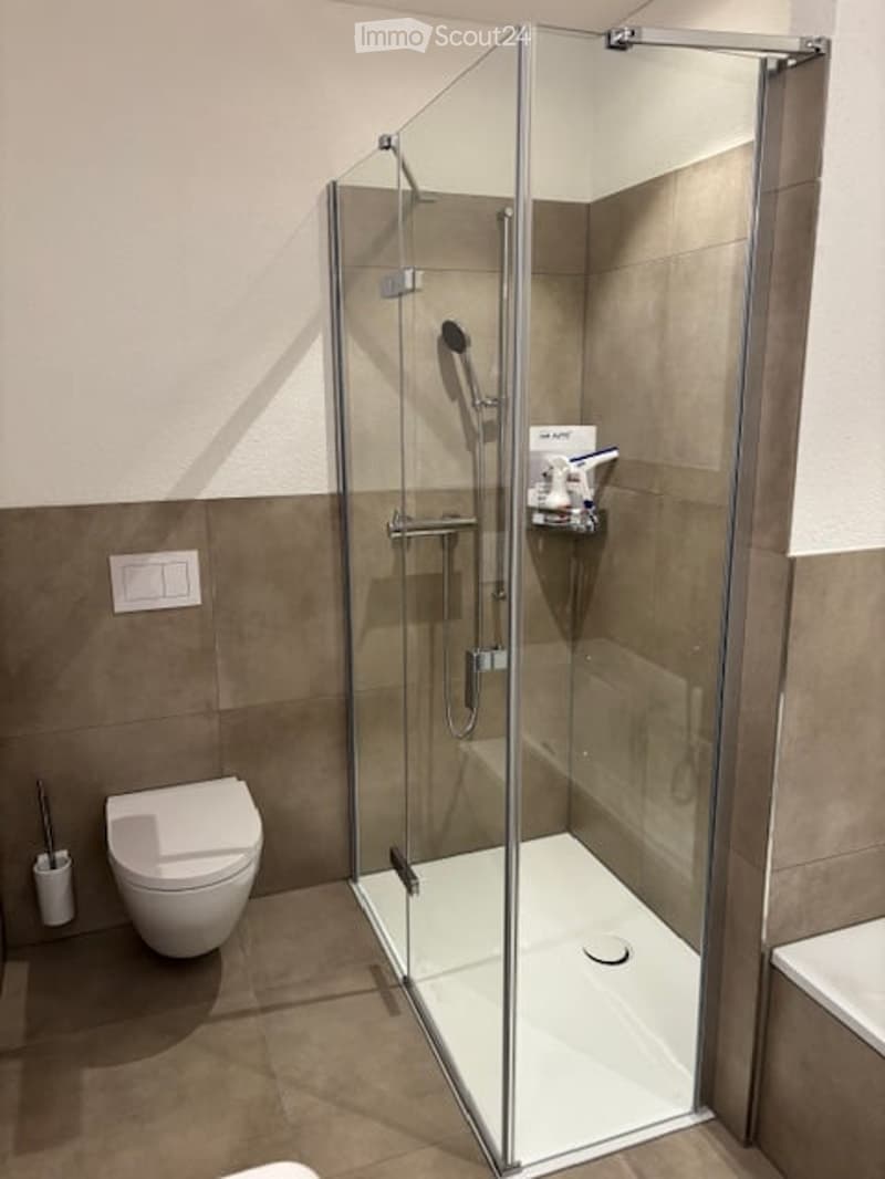 Modern bathroom with a glass-enclosed shower stall, a toilet, and a towel rack. The shower features a handheld showerhead and controls.