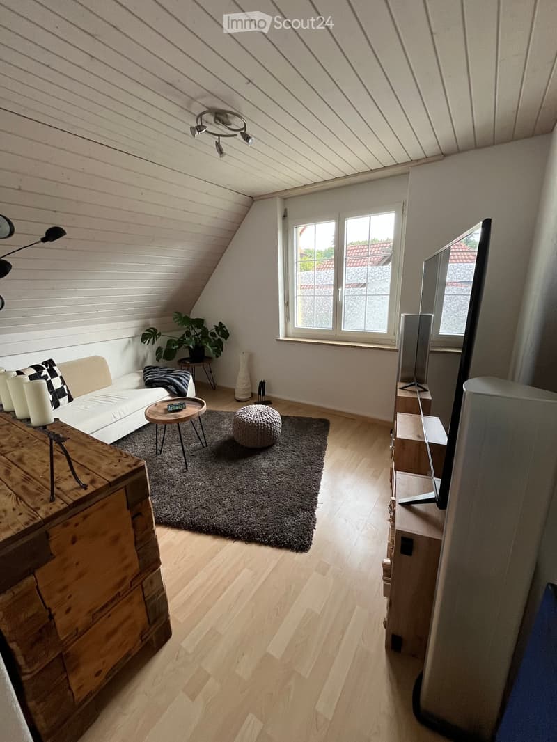 Bright, modern living room with wooden flooring, white walls, and slanted ceiling. Features a sofa, small table, round stool, area rug, TV, and decorative plant.