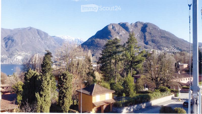 View of a scenic landscape with mountains, a lake, and a town with houses and trees.