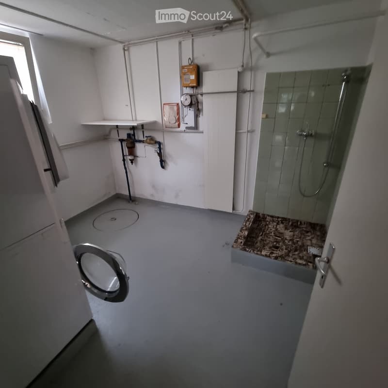 Empty bathroom with a toilet, shower stall, and a small shelf on the wall. The floor is grey, and the walls are white.