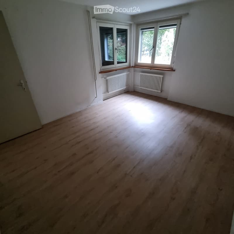 Empty room with wooden flooring, white walls, and two windows with radiators below them.