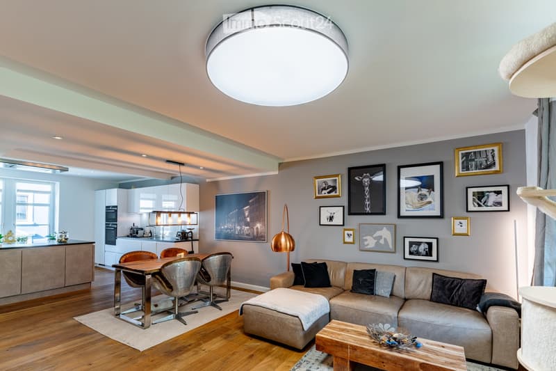 Modern open-plan living and dining area with a grey sofa, wooden coffee table, dining table with chairs, and a cat tree. The space features a sleek kitchen area with white cabinets and stainless steel appliances, complemented by framed artwork on the wall