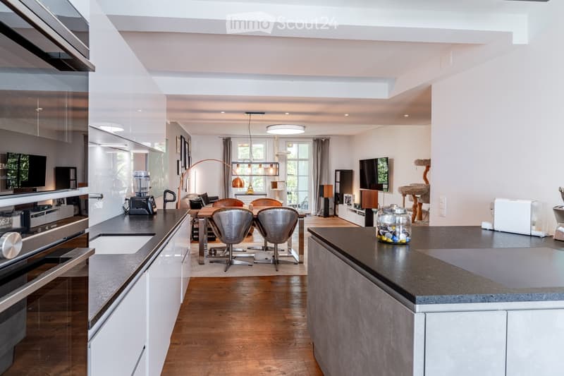 Modern kitchen and living area with white cabinets, dark countertops, stainless steel appliances, and a dining area with a table and chairs. The space features a cat tree, a TV, and a large window with curtains.