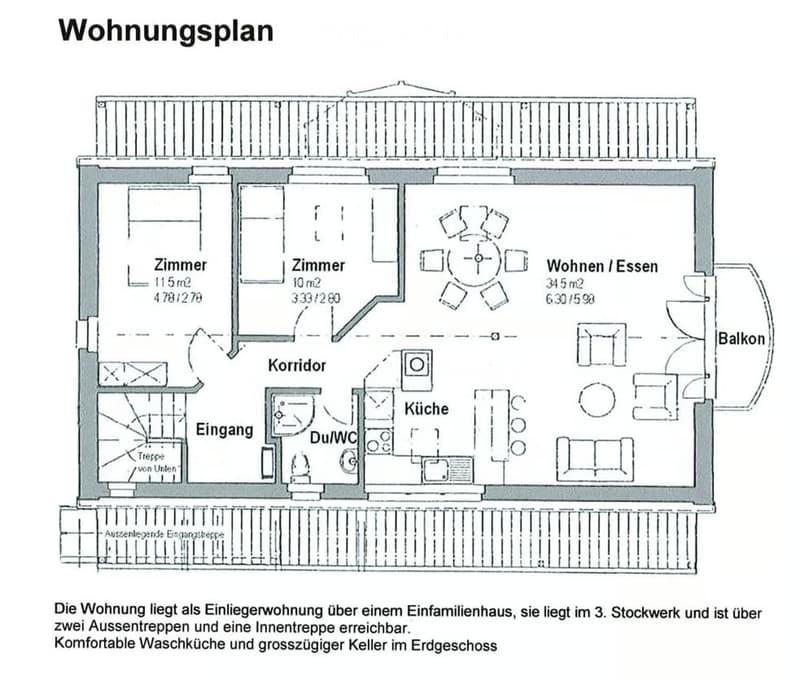 Floor plan of a 3-story apartment with living/dining area, kitchen, two bedrooms, bathroom, hallway, and balcony.