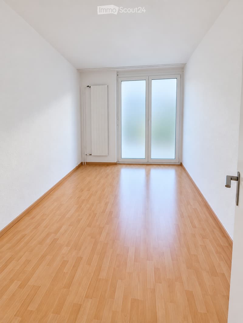 Empty room with light wooden flooring, white walls, and a large glass door leading outside. A radiator is mounted on one wall.
