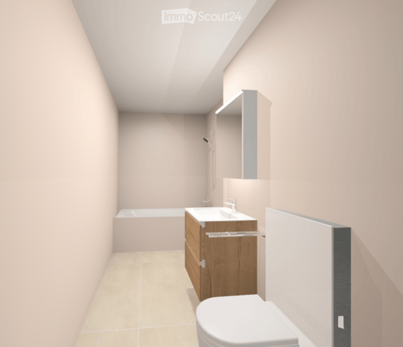 Modern bathroom with a bathtub, sink, vanity cabinet, and toilet. Light-colored tiles and walls, sleek design.