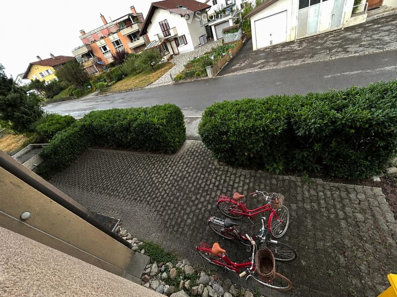 Two red bicycles with baskets are parked on a cobblestone pathway surrounded by neatly trimmed bushes and a view of a residential street with houses and a winding road.