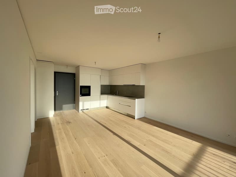 Modern kitchen with white cabinets, a sink, and an oven, featuring light wooden flooring and neutral-colored walls.