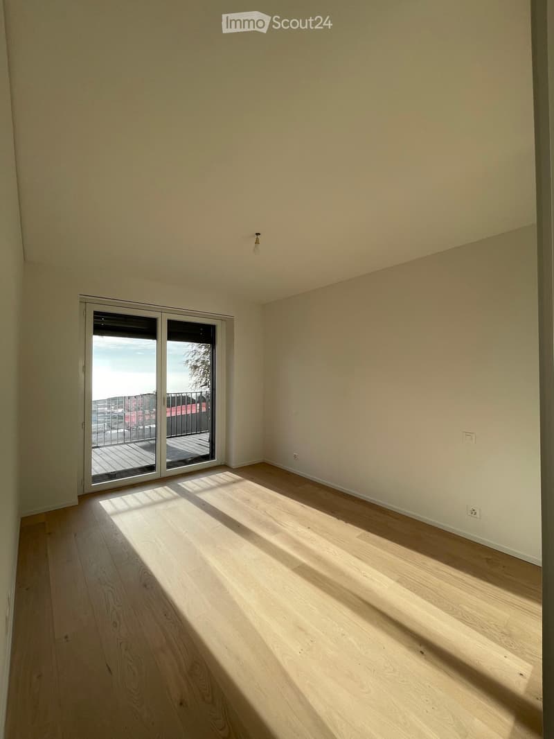 Empty room with light wooden flooring, white walls, and a large sliding glass door leading to a balcony.