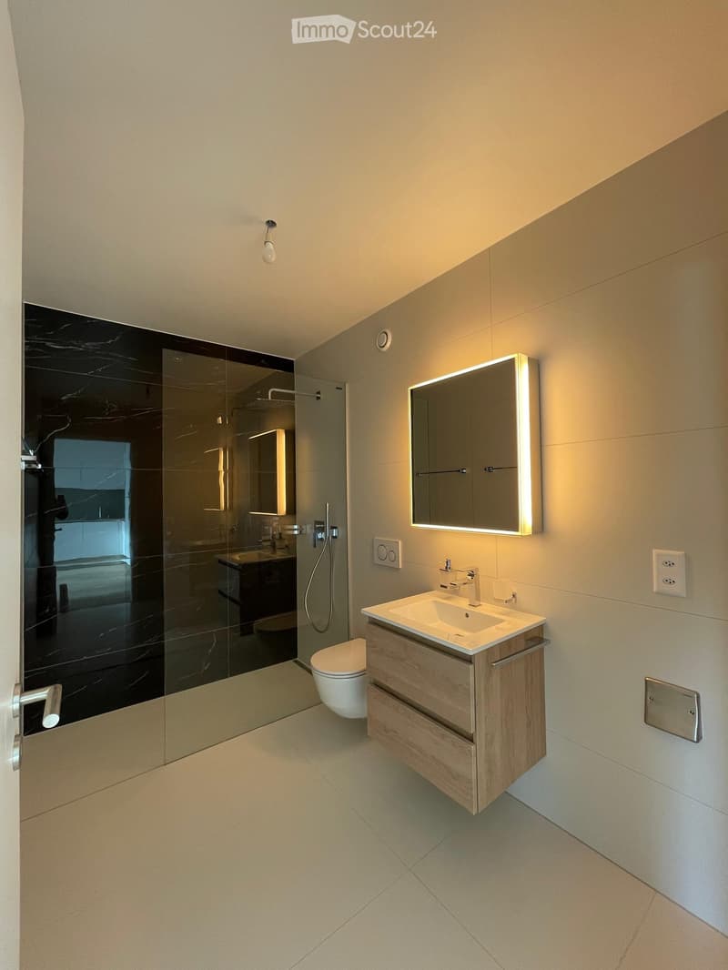 Modern bathroom with a wooden vanity, sink, mirror with LED lighting, toilet, and a glass-enclosed shower area.
