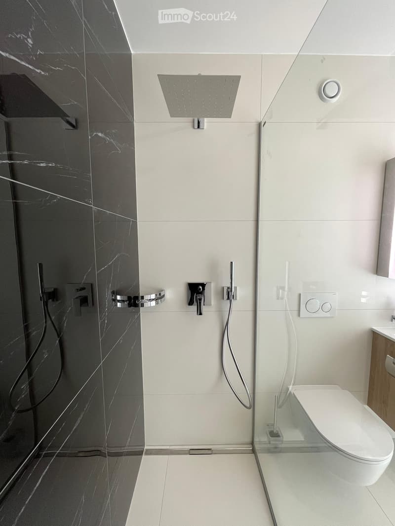 Modern bathroom with a glass-enclosed shower area, marble tiles, a toilet, and a sleek showerhead.
