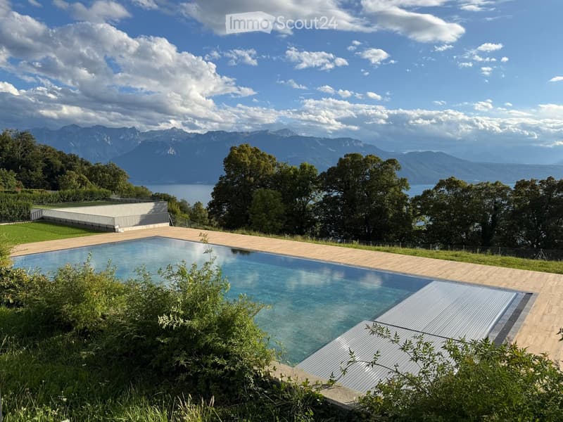 A modern outdoor area with a swimming pool, wooden decking, and a scenic mountain view in the background.