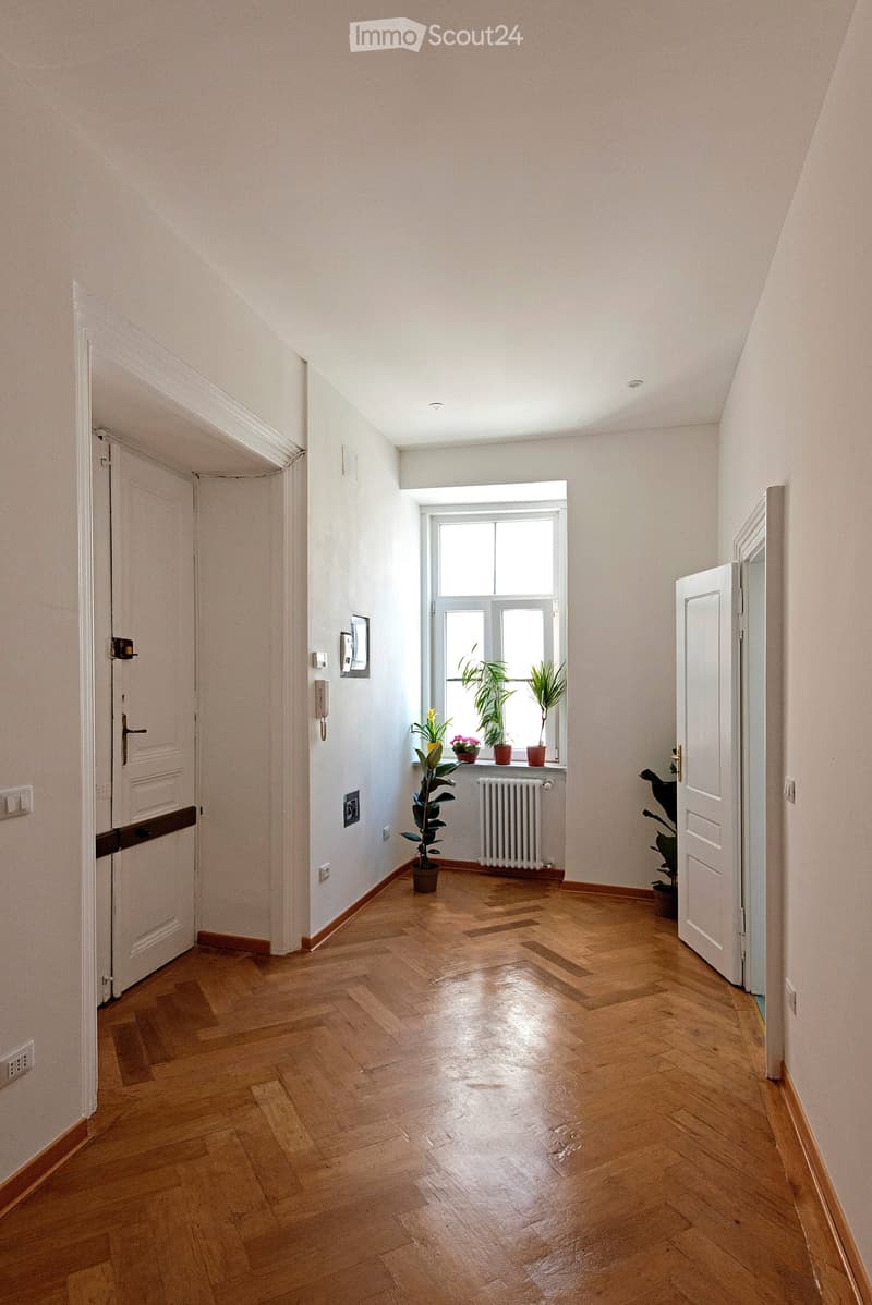 Bright hallway with wooden flooring, white walls, and several doors. A window with potted plants is visible at the end of the hallway.